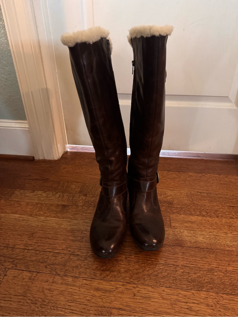 Born Tall Brown Leather Winter Boots with Cream Shearling Trim